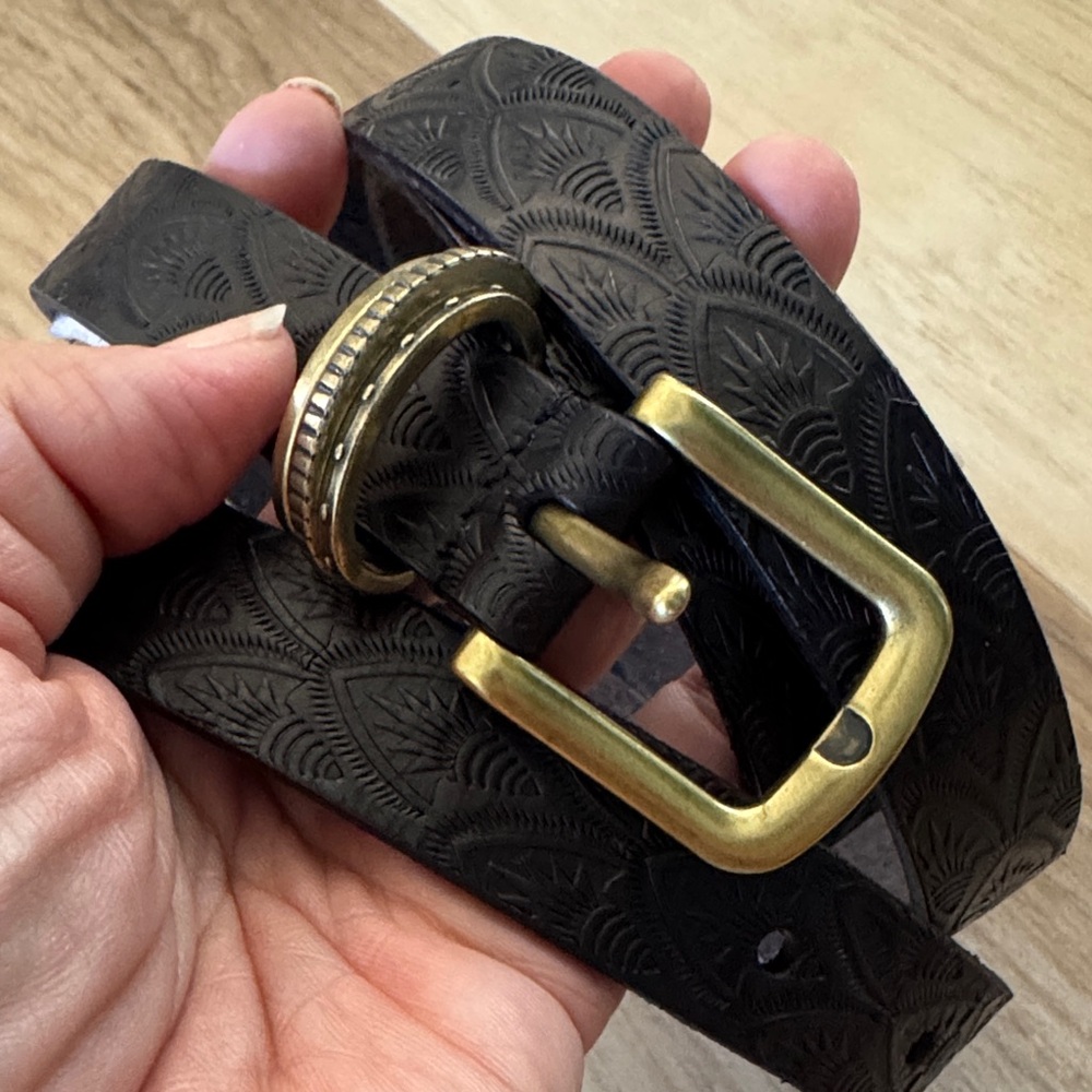 Lucky Brand Black Embossed Leather Belt with Gold Buckle